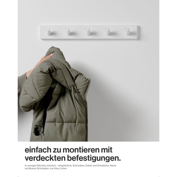 LARHN Garderobenhaken Weiß (2 Stück) - Garderobenleiste Weiß mit 5 Haken - 43 cm - Kleiderhaken Wand - Wandgarderobe für Flure, Garderoben, Schlafzimmer und Badezimmer