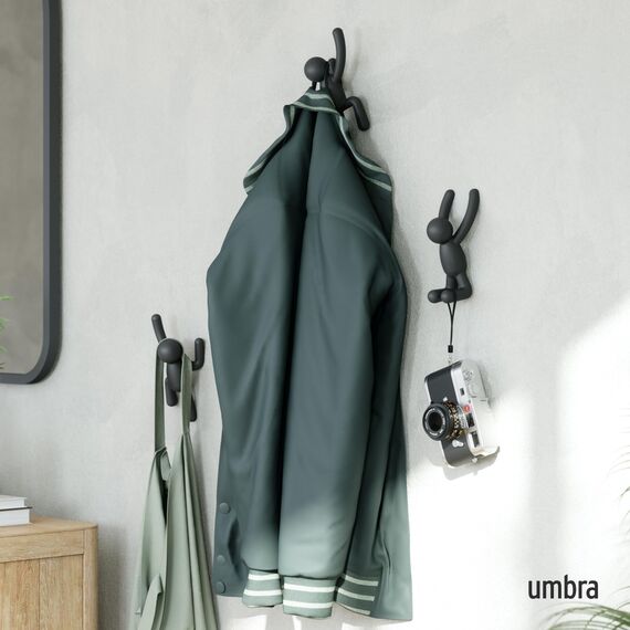 Umbra Buddy Haken - Dekorative Wandhaken Garderobe für Jacken, Schals, Taschen, Rucksäcke, Handtücher und Mehr, 3er-Set, Schwarz