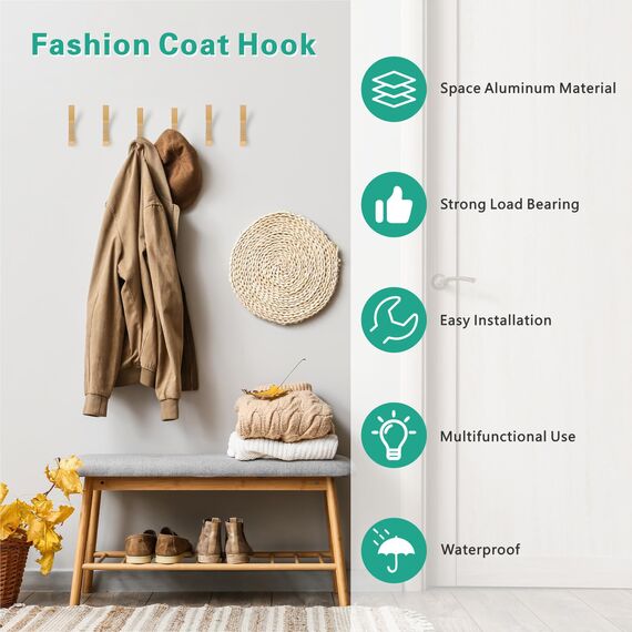 Kssvzz 6 Stück Kleiderhaken Wand zum Bohren-Schrauben unsichtbar, Moderne Garderobenhaken Garderobenleiste Wand für Jacken, Mäntel, Cap, Schals, Handtuch, Handtaschen und Mehr, Gold