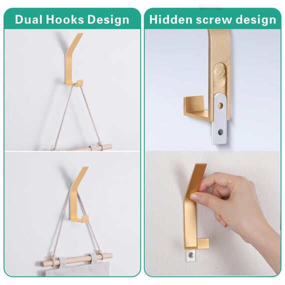 Kssvzz 6 Stück Kleiderhaken Wand zum Bohren-Schrauben unsichtbar, Moderne Garderobenhaken Garderobenleiste Wand für Jacken, Mäntel, Cap, Schals, Handtuch, Handtaschen und Mehr, Gold
