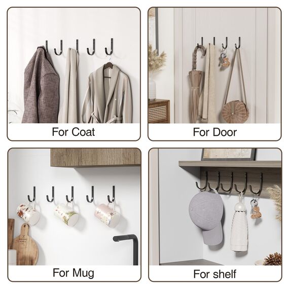 Josmimic Garderobenhaken Handtuchhaken und Haken für Wand - Bohren Wandhaken, Kleiderhaken, Schlüsselhaken für Zahnputzbecher, Bad, WC, 5 Stück, Schwarz, Mit Schrauben
