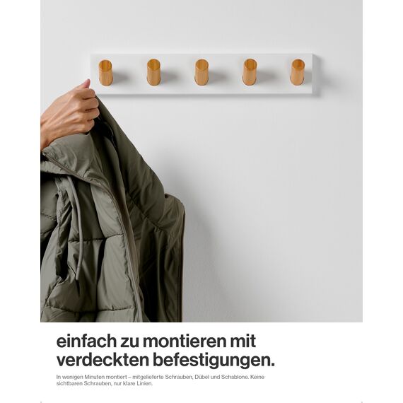 LARHN Garderobenleiste Weiß mit 5 Haken XL (2 Stk.), 42cm - Wandgarderobe, Jackenhalter Wand, Hakenleiste Garderobe Wand, Kleiderhaken, Garderobenhaken