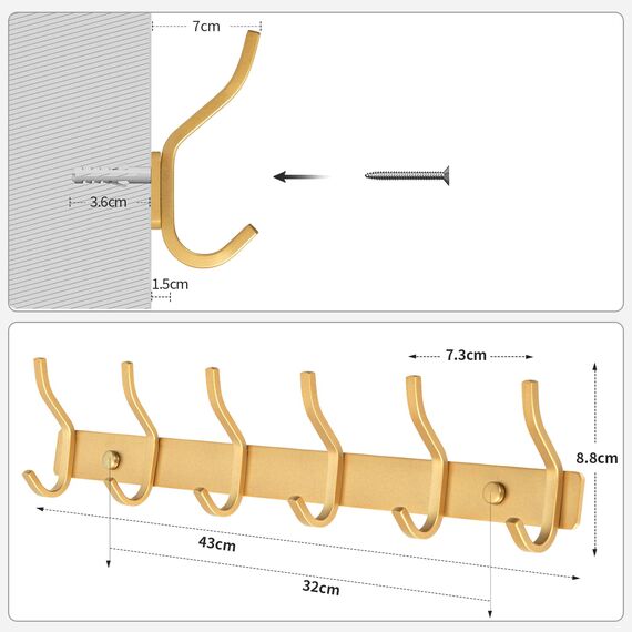 MEIJO Garderobenhaken Edelstahl, Hakenleiste Kleiderhaken Wand mit 6 Haken, Garderobe Garderobenleiste Wandgarderobe für Schlafzimmer Bad Küche (Golden, 6 Haken 2 Stück)