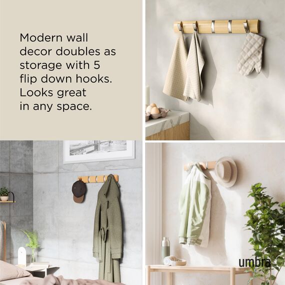 Umbra Flip 5 Garderobenhaken – Moderne, Schlichte und Platzsparende Garderobenleiste mit 5 Beweglichen Haken für Jacken, Mäntel, Schals, Handtaschen und Mehr, Natur/Nickel