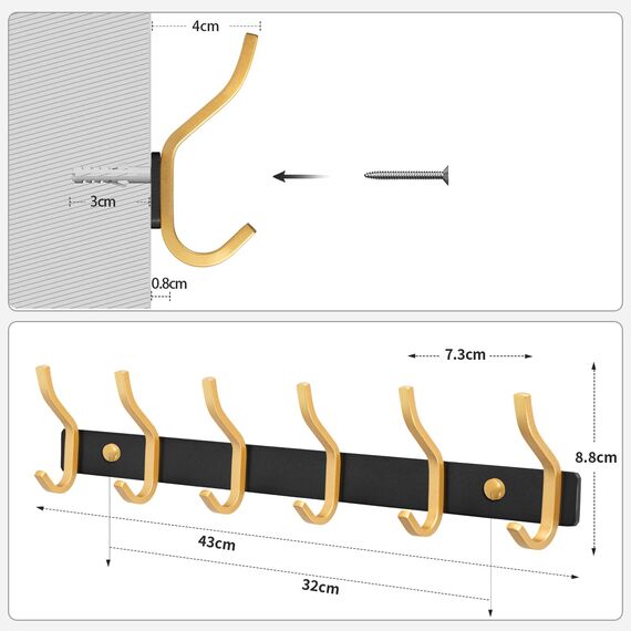 MEIJO Garderobenhaken Edelstahl, Hakenleiste Kleiderhaken Wand mit 6 Haken, Garderobe Garderobenleiste Wandgarderobe für Schlafzimmer Bad Küche (Schwarz & Golden, 6 Haken 2 Stück)