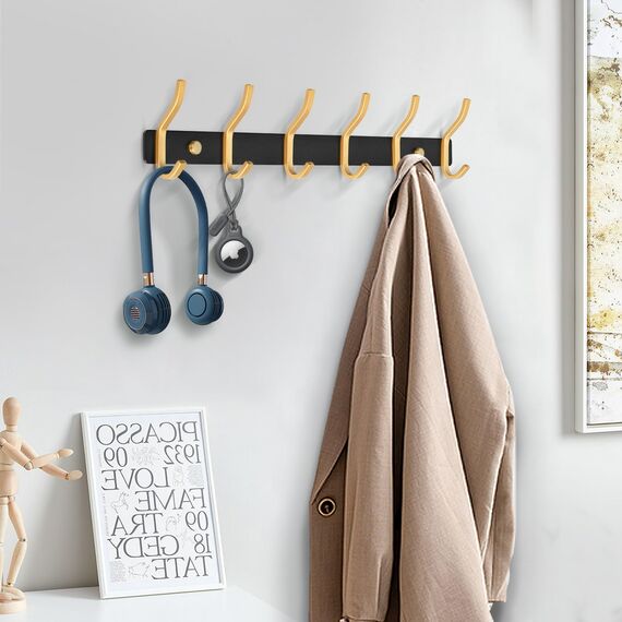 MEIJO Garderobenhaken Edelstahl, Hakenleiste Kleiderhaken Wand mit 6 Haken, Garderobe Garderobenleiste Wandgarderobe für Schlafzimmer Bad Küche (Schwarz & Golden, 6 Haken)