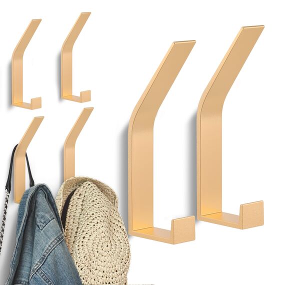 Kssvzz 6 Stück Kleiderhaken Wand zum Bohren-Schrauben unsichtbar, Moderne Garderobenhaken Garderobenleiste Wand für Jacken, Mäntel, Cap, Schals, Handtuch, Handtaschen und Mehr, Gold
