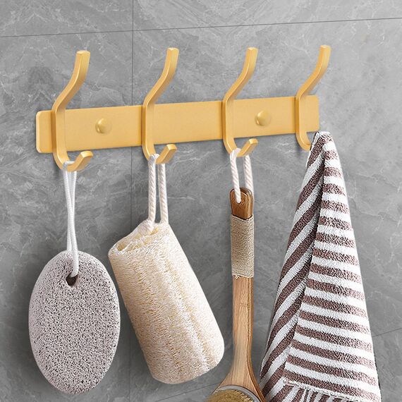 MEIJO Garderobenhaken Edelstahl, Hakenleiste Kleiderhaken Wand mit 4 Haken, Garderobe Garderobenleiste Wandgarderobe für Schlafzimmer Bad Küche (Golden, 4 Haken 2 Stück)