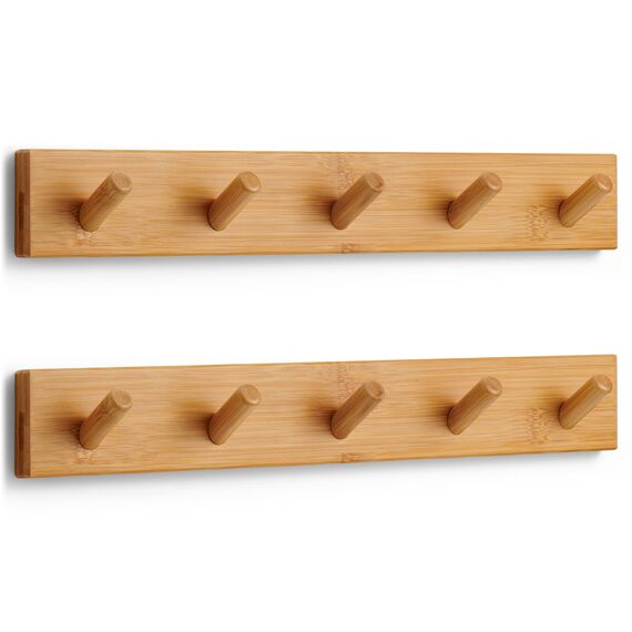 LARHN Garderobenhaken Holz (2 Stück) - Garderobenleiste Holz mit 5 Haken - 43 cm - Kleiderhaken Wand - Wandgarderobe für Flure, Garderoben, Schlafzimmer und Badezimmer