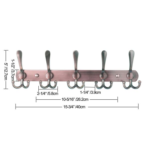 Dseap Garderobenleiste - Schwerlast Garderobenhaken Mit 5 Dreifachhaken, Edelstahl Wandgarderobe, Kleiderhaken Wand, Hakenleiste Garderobe für Mantel Hut Handtuch Handtasche, Antikes Kupfer