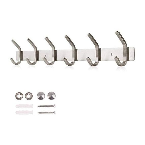 Dripex Hakenleiste Rostfrei Edelstahl Kleiderhaken Garderobenhaken gebürstete Optik Doppelhaken bis zu 30kg belastbar Haken (Silber, 6 Haken)