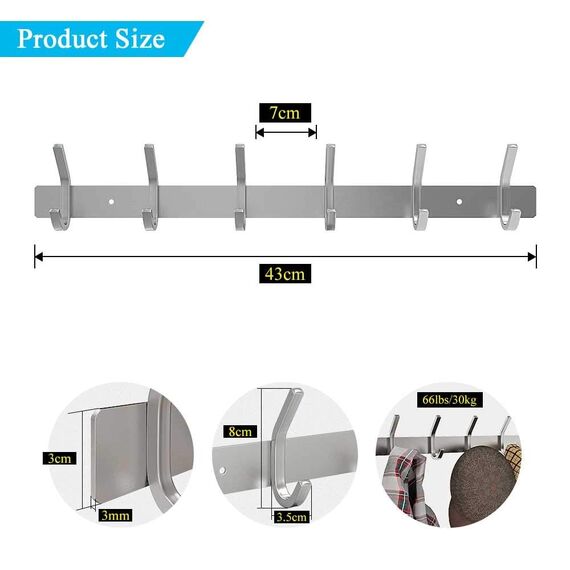 Dripex Hakenleiste Rostfrei Edelstahl Kleiderhaken Garderobenhaken gebürstete Optik Doppelhaken bis zu 30kg belastbar Haken (Silber, 6 Haken)