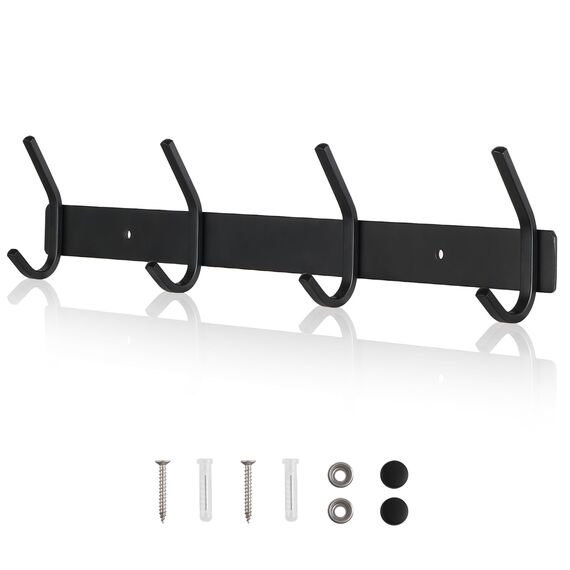 Qiannhee Wandgarderobe, schwarz, mit 4 Haken, aus SUS304 Edelstahl, 43 cm, 40 kg, für Küche, Flur, Garten, Jacke, Handtuch, modern