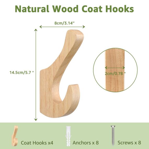 SAUNNIHEN 4 Stück Kleiderhaken Einzeln, Garderobenhaken Holz, Multifunktionaler Wandhaken Vintage, Handtuchhaken, Garderobe für Schlafzimmer, Wohnzimmer, Flur (Doppelhaken)