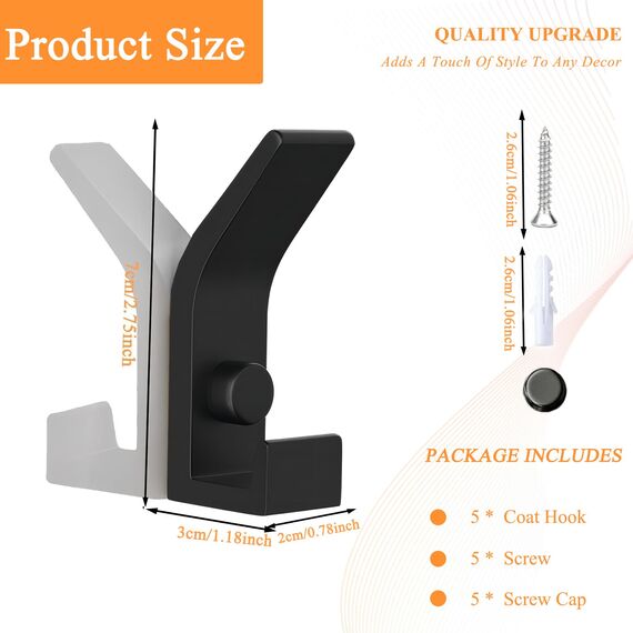 QMAHA Doppelt Kleiderhaken Wand, 5 Stück Garderobenhaken Schwarz, Metall Handtuchhaken Kleiderhaken, Moderne Garderobe Haken Wand, Wandhaken für Türen, Foyers Bad und Flure (Matt Schwarz, 5 Haken)