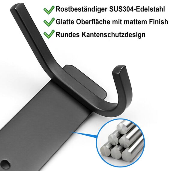 Qiannhee Wandgarderobe, schwarz, mit 4 Haken, aus SUS304 Edelstahl, 43 cm, 40 kg, für Küche, Flur, Garten, Jacke, Handtuch, modern