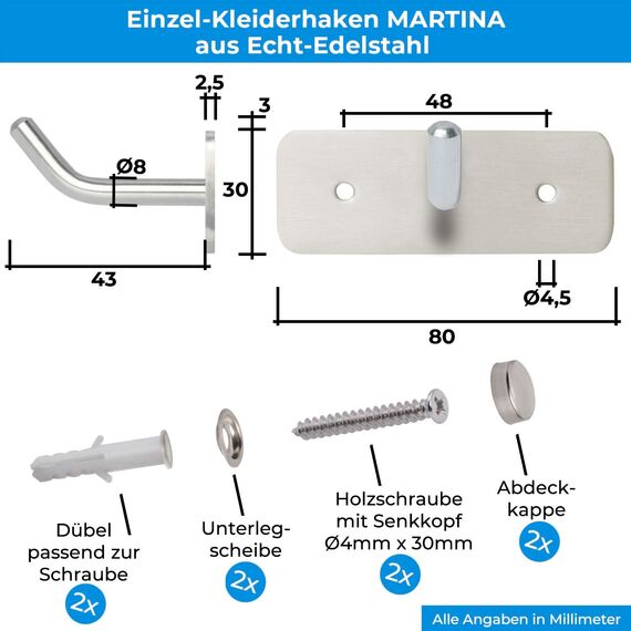 Stahlia Hakenleiste EDELSTAHL gebürstet Garderobenleiste 1x Haken (L: 80mm) Modell:MARTINA Wandgarderobe mit 1/4/6/8/10 Kleiderhaken Garderobenhaken Wandhaken