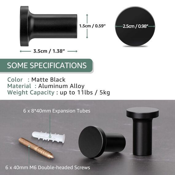 GUWINA Garderobenhaken Schwarz, 6 Garderobenhaken Kinder Einzeln Modern,Kleiderhaken Wand Garderobe, Wandhaken Schwerlast zum Schrauben für Garderobe, Küche, Badezimmer, Kinderzimmer