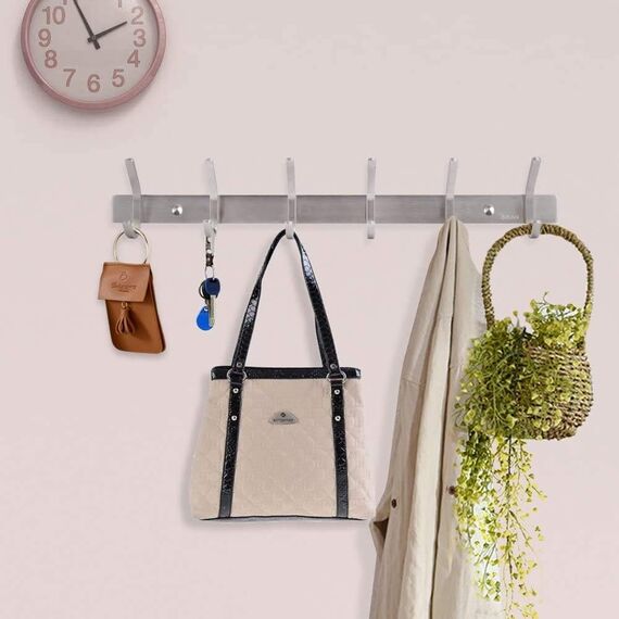 Dripex Hakenleiste Rostfrei Edelstahl Kleiderhaken Garderobenhaken gebürstete Optik Doppelhaken bis zu 30kg belastbar Haken (Silber, 6 Haken)