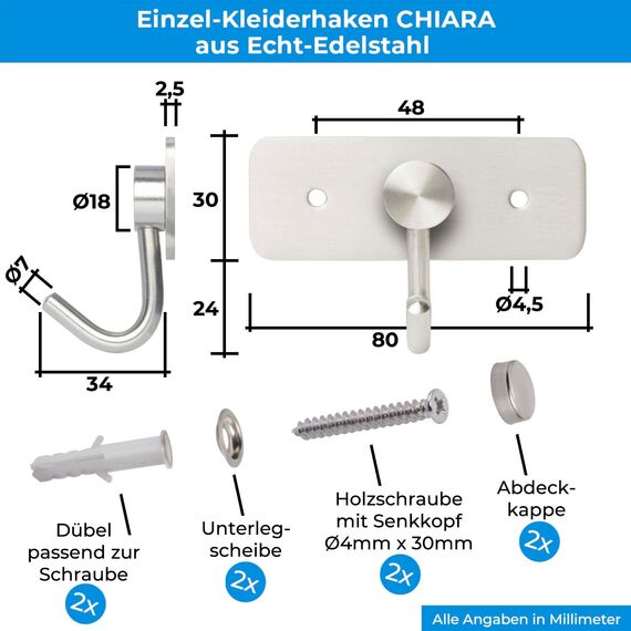 Stahlia Hakenleiste EDELSTAHL gebürstet Garderobenleiste 1x Haken (L: 80mm) Modell:CHIARA Wandgarderobe mit 1/4/6/8/10 Kleiderhaken Garderobenhaken Wandhaken