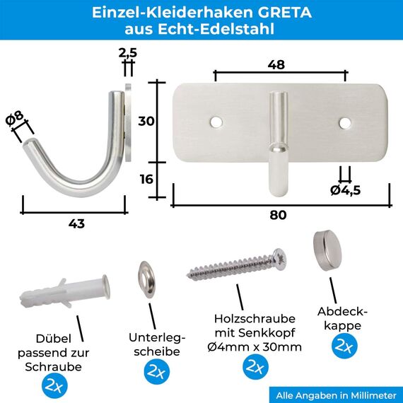 Stahlia Hakenleiste EDELSTAHL gebürstet Garderobenleiste 1x Haken (L: 80mm) Modell:GRETA Wandgarderobe mit 1/4/6/8/10 Kleiderhaken Garderobenhaken Wandhaken