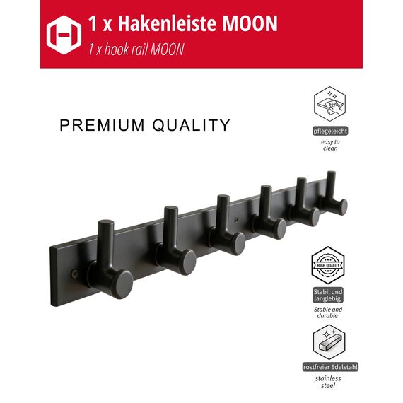 Gedotec Hakenleiste MOON aus Edelstahl schwarz matt, 6 Haken - Garderobenleiste Wandmontage - Garderobenhaken zum Schrauben - moderner Jackenhalter Wand für Garderoben, Bad & Küche