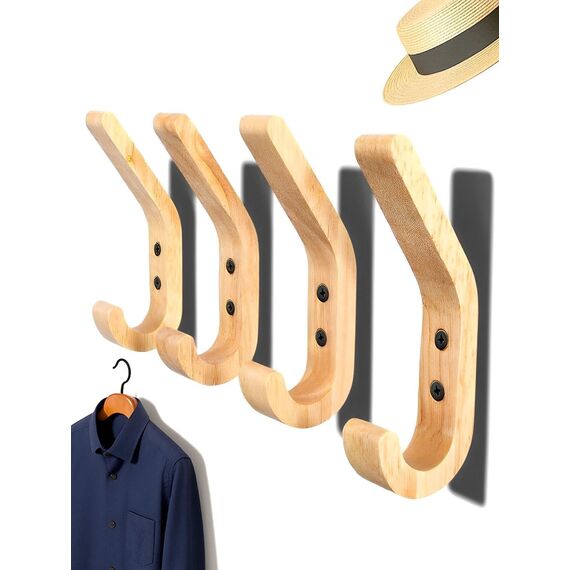 WJUAN Garderobenhaken Eiche Massivholz 4er Set | Wandhaken Holz mit 10kg Tragkraft | 155mm Kleiderhaken Holz | Handpoliert und Feuchtigkeitsbeständig, für Bad, Küche, Schlafzimmer