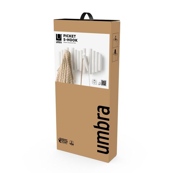 Umbra Picket Garderobenhaken - Garderobenleiste und Moderne Wand Dekoration mit 5 Klapphaken aus geschliffenem Kiefernholz, Weiss