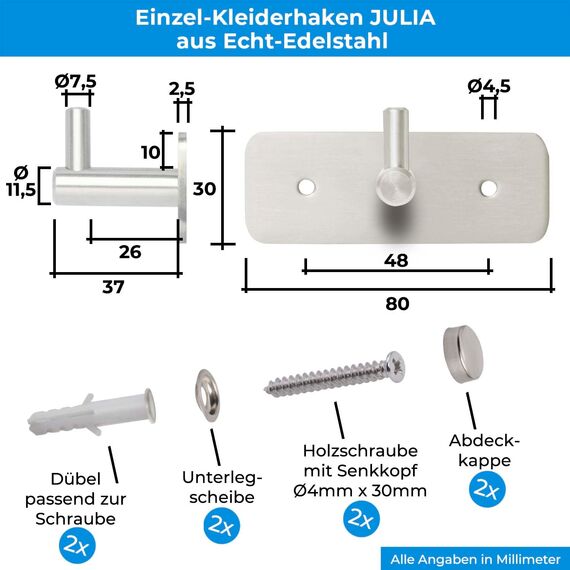 Stahlia Hakenleiste EDELSTAHL gebürstet Garderobenleiste 1x Haken (L: 80mm) Modell:JULIA Wandgarderobe mit 1/4/6/8/10 Kleiderhaken Garderobenhaken Wandhaken