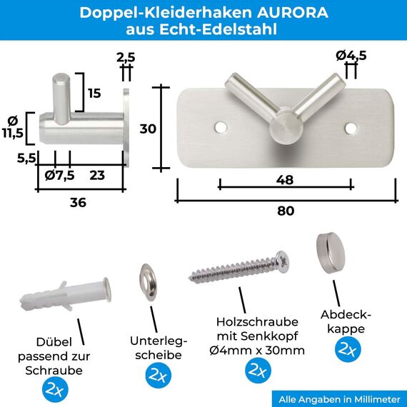 Stahlia Hakenleiste EDELSTAHL gebürstet Garderobenleiste 1x Haken (L: 80mm) Modell:AURORA Wandgarderobe mit 1/4/6/8/10 Kleiderhaken Garderobenhaken Wandhaken