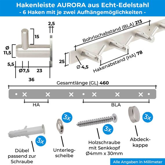 Stahlia Hakenleiste EDELSTAHL gebürstet Garderobenleiste 6x Haken (L: 460mm) Modell:AURORA Wandgarderobe mit 1/4/6/8/10 Kleiderhaken Garderobenhaken Wandhaken