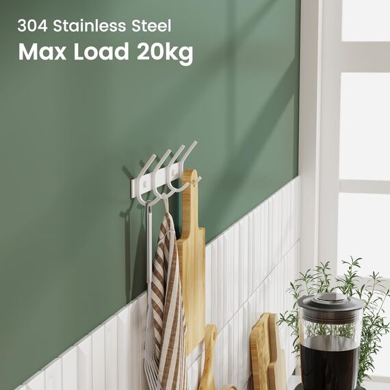 Dripex Garderobenleiste Rostfrei Edelstahl Kleiderhaken Garderobenhaken Doppelhaken bis zu 20kg belastbar Haken Weiß, 4 Haken 2 Stück