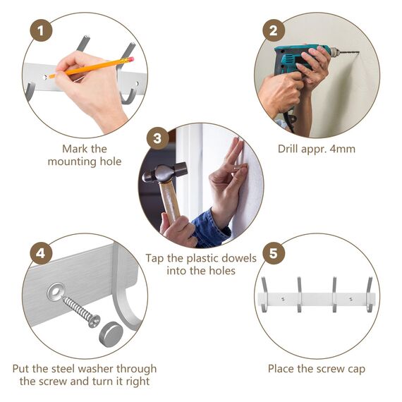 Dripex Garderobenhaken 4 Haken Garderobenleiste Edelstahl Gebürstet für Jacken Kleider bis zu 30kg belastbar Hakenleiste für Flur Vorzimmer 27cm (Silber, 1 Stück)