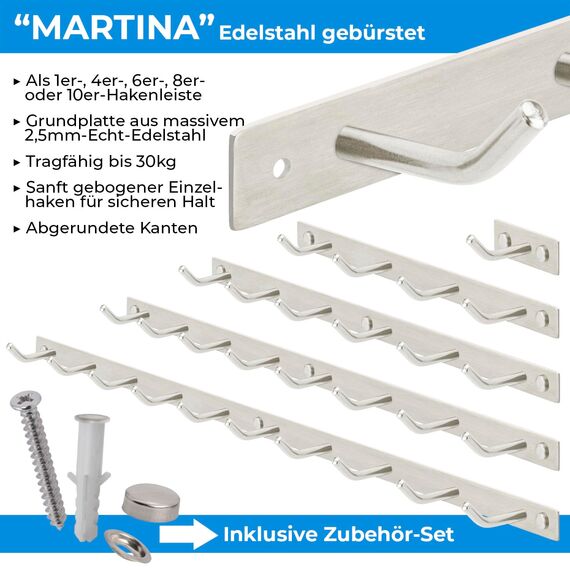 Stahlia Hakenleiste EDELSTAHL gebürstet Garderobenleiste 1x Haken (L: 80mm) Modell:MARTINA Wandgarderobe mit 1/4/6/8/10 Kleiderhaken Garderobenhaken Wandhaken