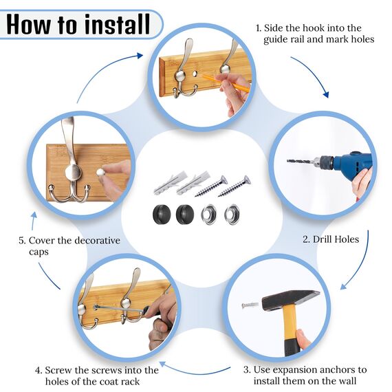 GlazieVault Kleiderhaken für die Wand, 4 silberne dreifache Bambus-Holzgarderobe, robust, zur Wandmontage, Holz-, Silberhaken, Wandaufhänger und Kleiderhaken, Holz, Nickel, 2 Packungen