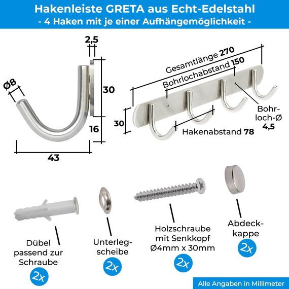 Stahlia Hakenleiste EDELSTAHL gebürstet Garderobenleiste 4x Haken (L: 270mm) Modell:GRETA Wandgarderobe mit 1/4/6/8/10 Kleiderhaken Garderobenhaken Wandhaken