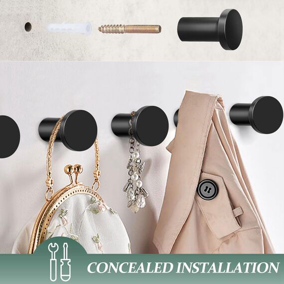 GUWINA Garderobenhaken Schwarz, 6 Garderobenhaken Kinder Einzeln Modern,Kleiderhaken Wand Garderobe, Wandhaken Schwerlast zum Schrauben für Garderobe, Küche, Badezimmer, Kinderzimmer