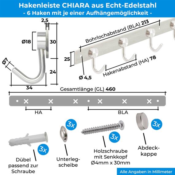 Stahlia Hakenleiste EDELSTAHL gebürstet Garderobenleiste 6x Haken (L: 460mm) Modell:CHIARA Wandgarderobe mit 1/4/6/8/10 Kleiderhaken Garderobenhaken Wandhaken