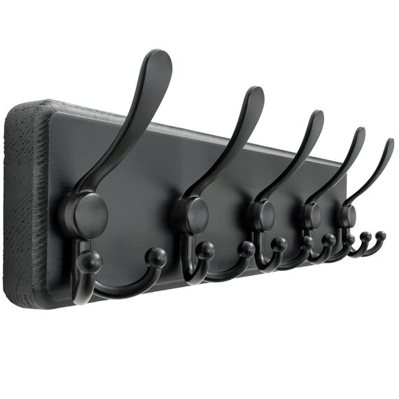 Dseap Garderobe, Garderobenhaken - Robust Vintage Garderobenleiste Holz mit 5 Dreifachhaken, Kleiderhaken Wand, Hakenleiste, für Jacken Mäntel Handtaschen, Schwarz