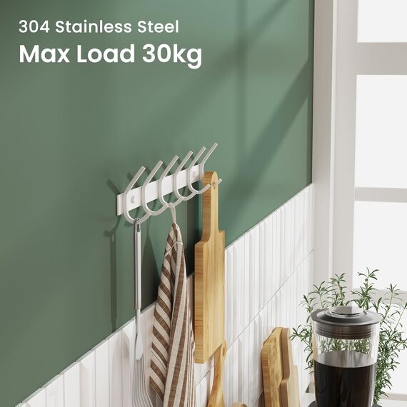 Dripex Garderobenleiste Rostfrei Edelstahl Kleiderhaken Garderobenhaken Doppelhaken bis zu 30kg belastbar Haken Weiß, 6 Haken 2 Stück