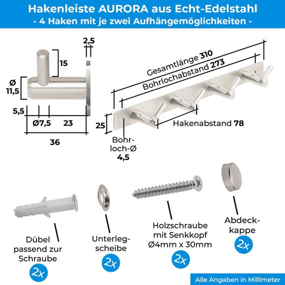 Stahlia Hakenleiste EDELSTAHL gebürstet Garderobenleiste 4x Haken (L: 310mm) Modell:AURORA Wandgarderobe mit 1/4/6/8/10 Kleiderhaken Garderobenhaken Wandhaken