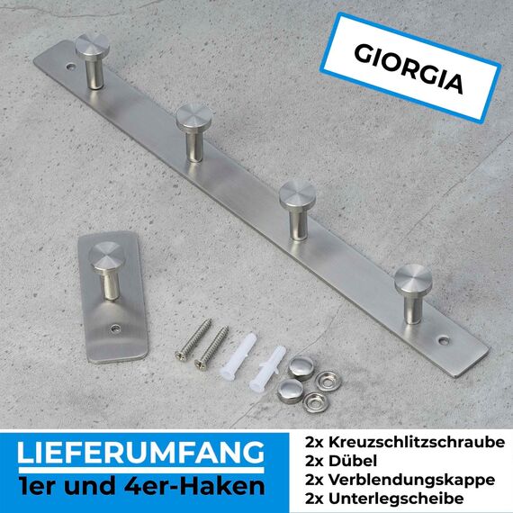 Stahlia Hakenleiste EDELSTAHL gebürstet Garderobenleiste 1x Haken (L: 80mm) Modell:GIORGIA Wandgarderobe mit 1/4/6/8/10 Kleiderhaken Garderobenhaken Wandhaken