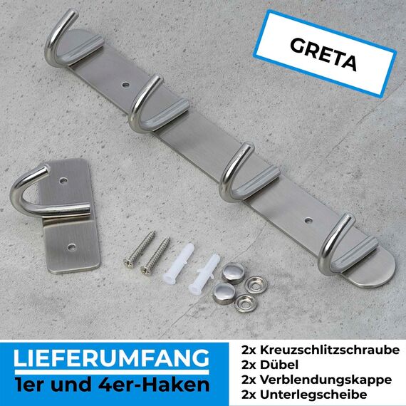 Stahlia Hakenleiste EDELSTAHL gebürstet Garderobenleiste 1x Haken (L: 80mm) Modell:GRETA Wandgarderobe mit 1/4/6/8/10 Kleiderhaken Garderobenhaken Wandhaken