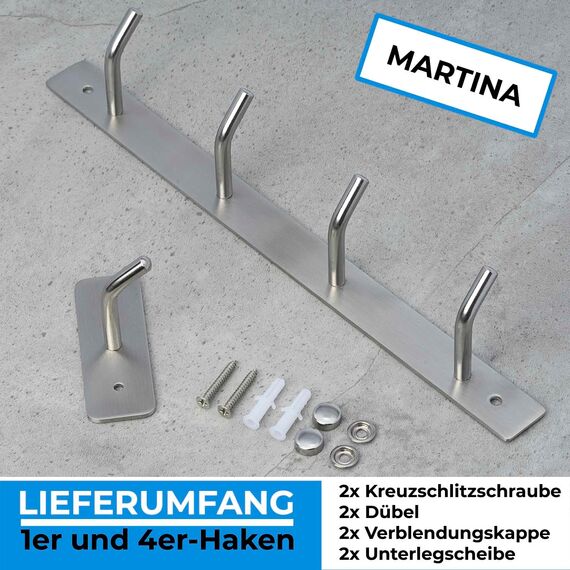 Stahlia Hakenleiste EDELSTAHL gebürstet Garderobenleiste 1x Haken (L: 80mm) Modell:MARTINA Wandgarderobe mit 1/4/6/8/10 Kleiderhaken Garderobenhaken Wandhaken