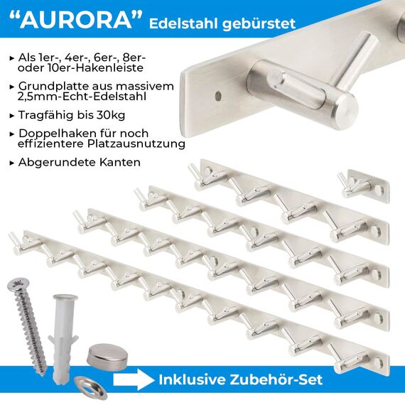 Stahlia Hakenleiste EDELSTAHL gebürstet Garderobenleiste 6x Haken (L: 460mm) Modell:AURORA Wandgarderobe mit 1/4/6/8/10 Kleiderhaken Garderobenhaken Wandhaken