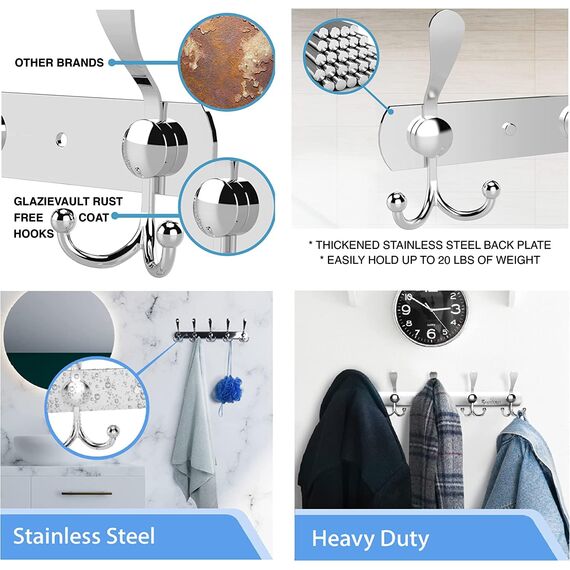 GlazieVault Kleiderhaken wand - Garderobenleiste Edelstahl (2 Stuck), Garderobenhaken Schwere, Garderobe Wandhaken, Wandgarderobe, Hakenleiste (Silbernes Tricolor)