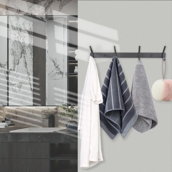 Qiannhee Wandgarderobe, schwarz, mit 4 Haken, aus SUS304 Edelstahl, 43 cm, 40 kg, für Küche, Flur, Garten, Jacke, Handtuch, modern