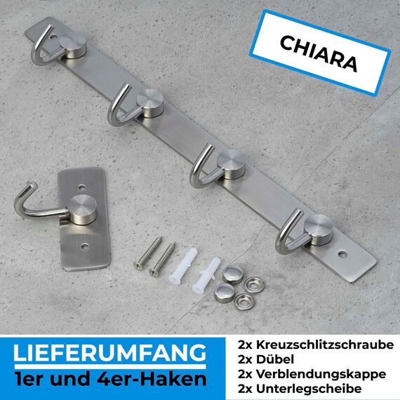 Stahlia Hakenleiste EDELSTAHL gebürstet Garderobenleiste 4x Haken (L: 310mm) Modell:CHIARA Wandgarderobe mit 1/4/6/8/10 Kleiderhaken Garderobenhaken Wandhaken