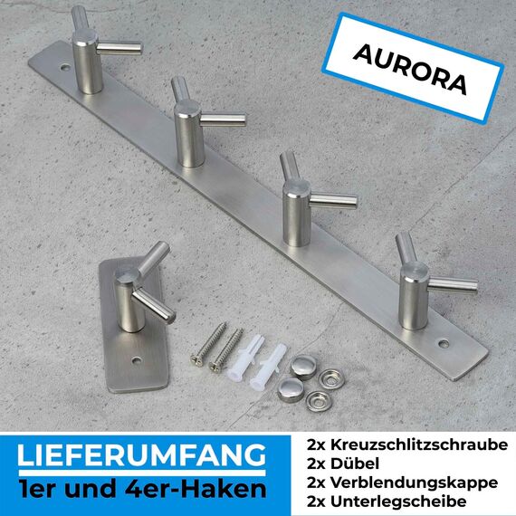 Stahlia Hakenleiste EDELSTAHL gebürstet Garderobenleiste 1x Haken (L: 80mm) Modell:AURORA Wandgarderobe mit 1/4/6/8/10 Kleiderhaken Garderobenhaken Wandhaken