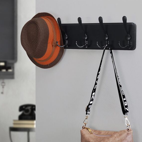 Dseap Garderobe, Garderobenhaken - Robust Vintage Garderobenleiste Holz mit 5 Dreifachhaken, Kleiderhaken Wand, Hakenleiste, für Jacken Mäntel Handtaschen, Schwarz